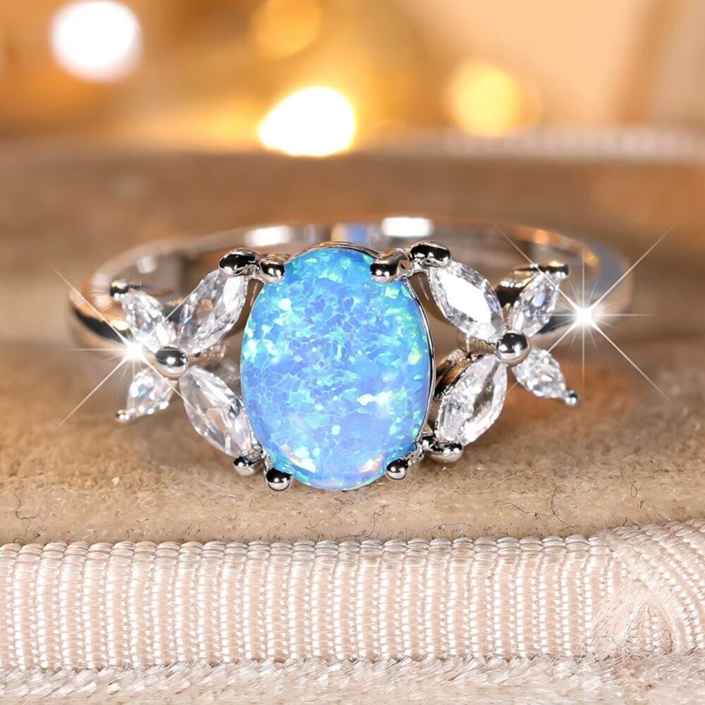 NEW 14k White Gold Blue Opal Diamond Ring